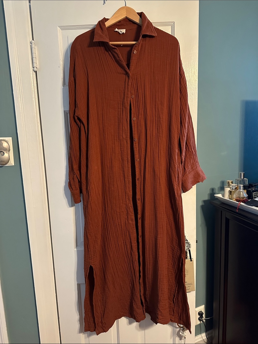 Lou & Grey Long Button-Front Maxi Dress in Rust Brown